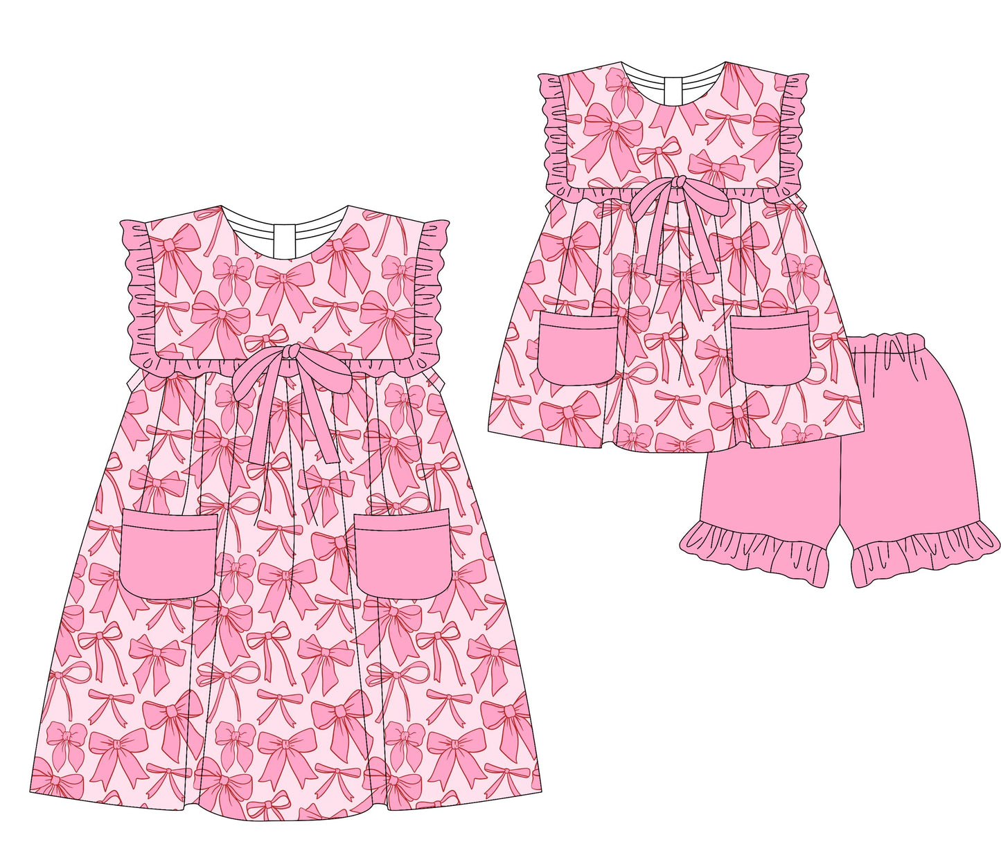 Baby Girl Pockets Pink Bows Sibling Dress Set ( Moq 5 Each Style ) 3.5