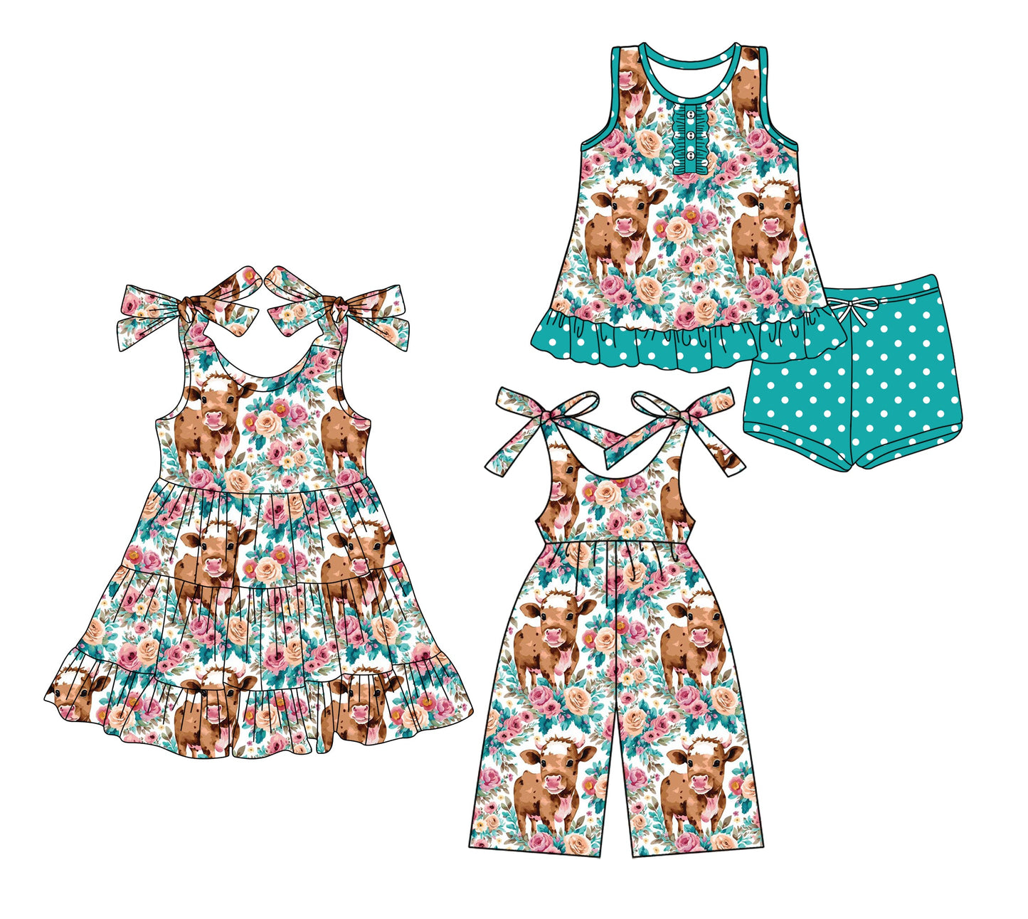 Baby Girl Straps Flower Cow Sibling Jumpsuit Dress Set ( Moq 5 Each Style ) 3.21