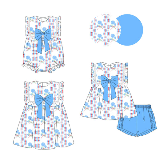 Baby Girl Blue Flower Bows Sibling Romper Dress Set ( Moq 5 Each Style ) 3.14