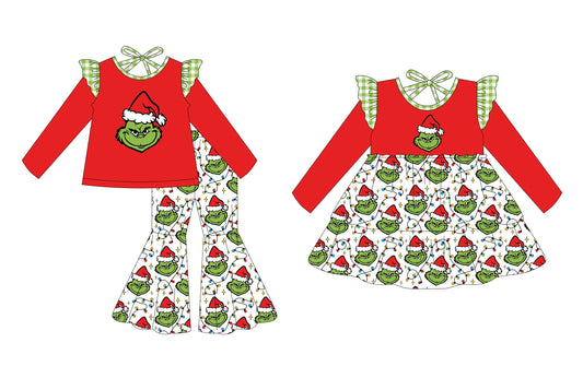 ( Moq 5 Each Style ) Baby Girl Toddler Green Face Christmas Sibling Dress Set
