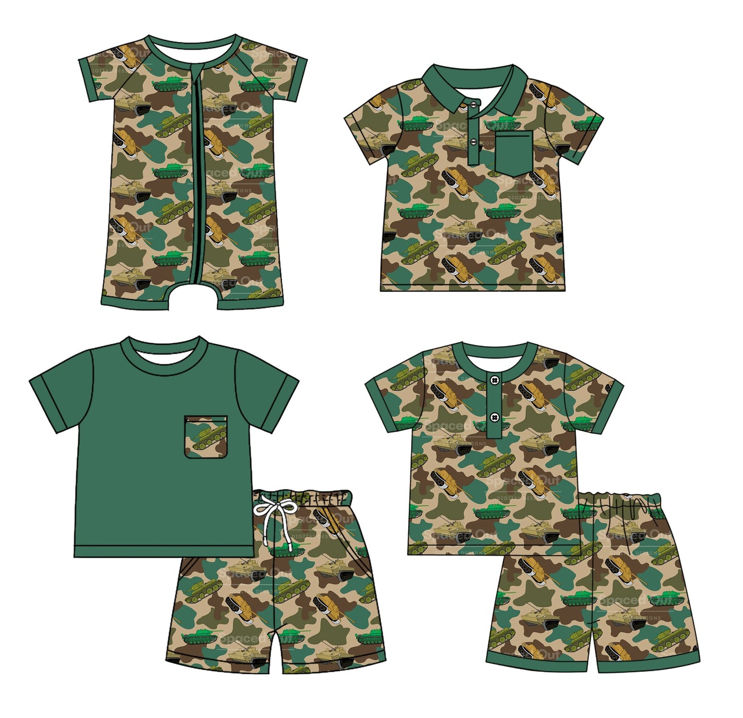 Baby Boy Short Sleeves Camo Green Sibling Romper Set ( Moq 5 Each Style ) 12.28