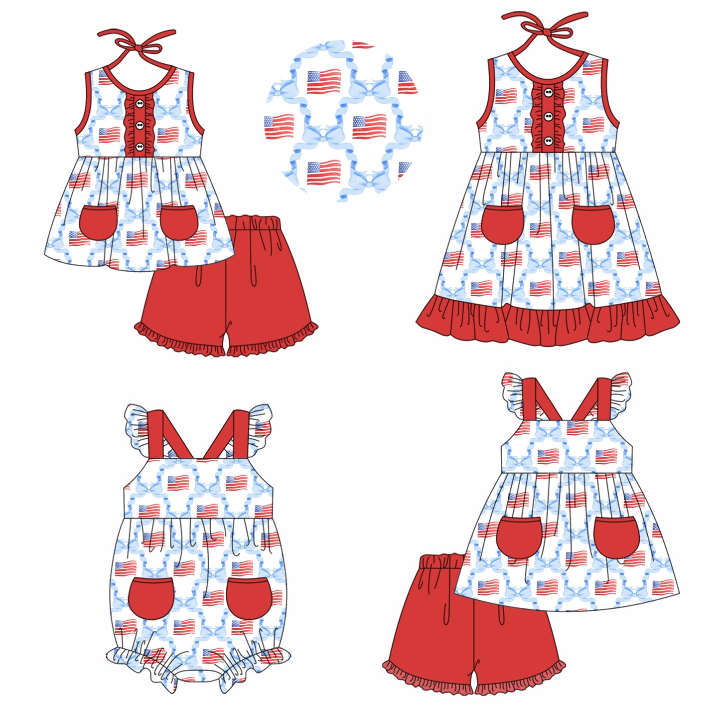 Baby Boy Girl July 4th Bows Flag Sibling Pocket Dress Romper Clothes Set ( Moq 5 Each style ) 11.22