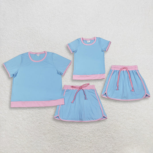 Sibling Baby Girls Adult Women Short Sleeves Blue Cotton Shirts Skirts Shorts Sets Summer Clothes RTS