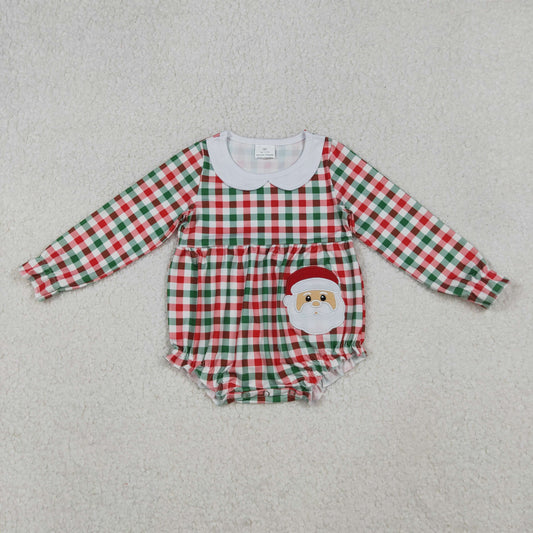 Baby Girl Long Sleeves Embroidery Santa Plaid Christmas Bubble Romper RTS