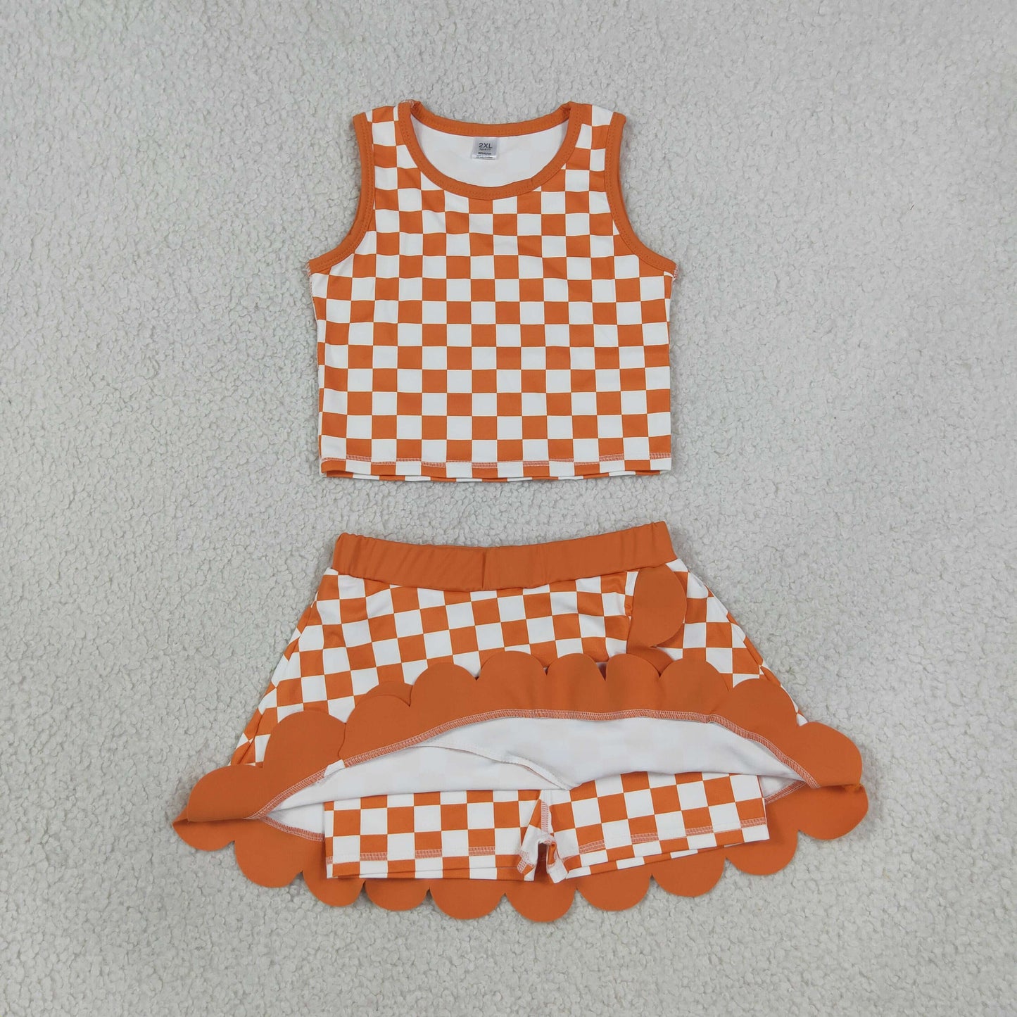 Baby Girls Kids Sleeveless Orange Checked Shirt Scallop Skirt Shorts Yoga Active Set Clothes RTS