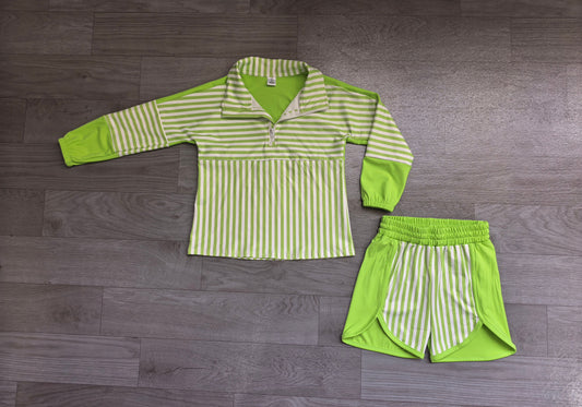 ( No moq ) Preorder Baby Girls Kids Green Stripes Zipper Pullover Shorts Yoga Active Set Clothes