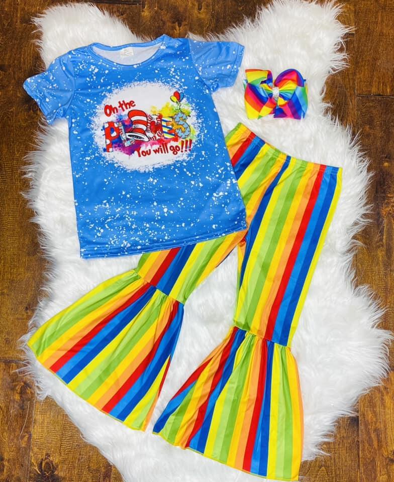 GSPO0924 Baby Girl Short Sleeves Dr Shirt Colorful Stripes Bell Pants Outfit