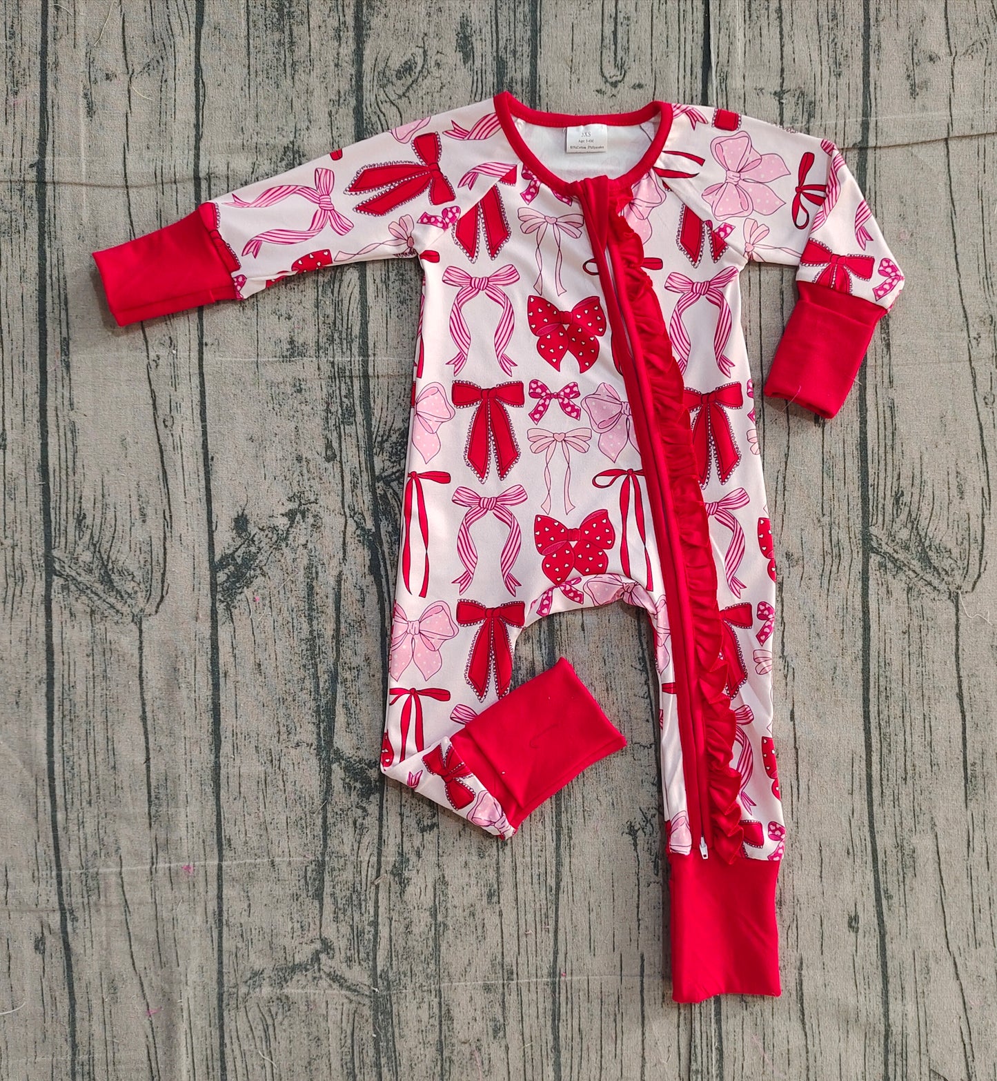 Baby Girls Infant Long Sleeves Hearts Bows Ruffle Zipper Valentine Romper RTS