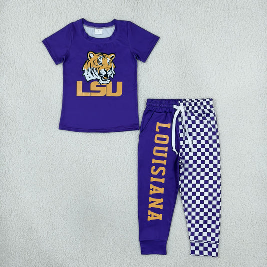 Baby Boys Kids Short Sleeves Tigers Shirt Purple Checked Pockets Pants Team Set Clothes RTS
