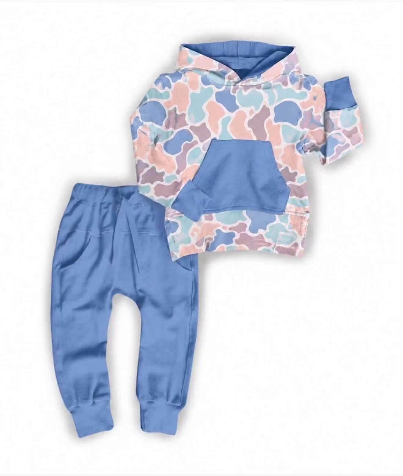 ( Moq 5 ) Preorder Baby Boys Kids Camo Hoodie Pullover Pockets Blue Pants Set Clothes