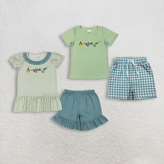 Sibling Baby Boys Girls Short Sleeves Embroidery Fishing Shirts Green Plaid Shorts Clothes Sets RTS