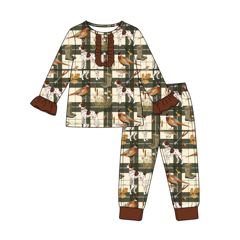 ( Moq 5 ) Preorder Baby Girls Kids Long Sleeves Dogs Plaid Shirt Pants Pajamas Set Clothes