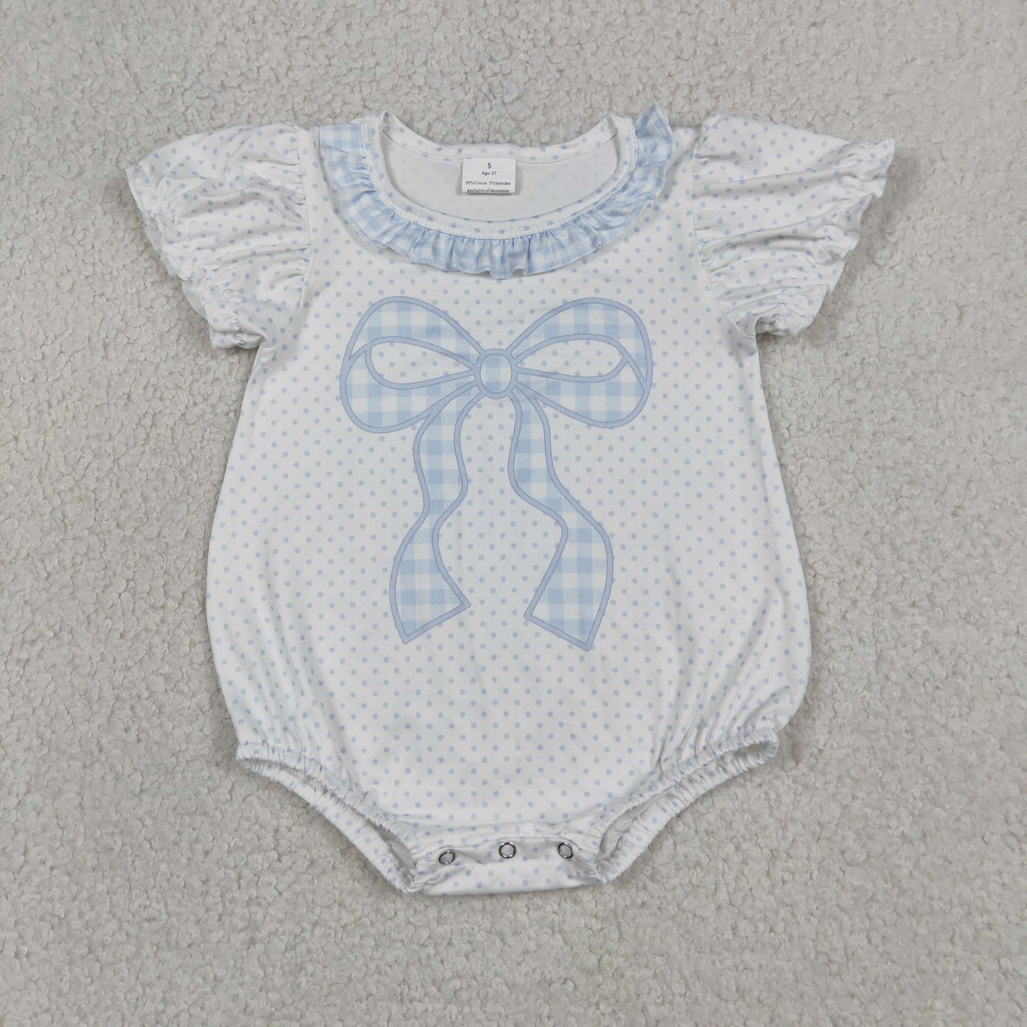Baby Girls Infant Short Sleeves Plaid Bow Dots Bubble Romper RTS
