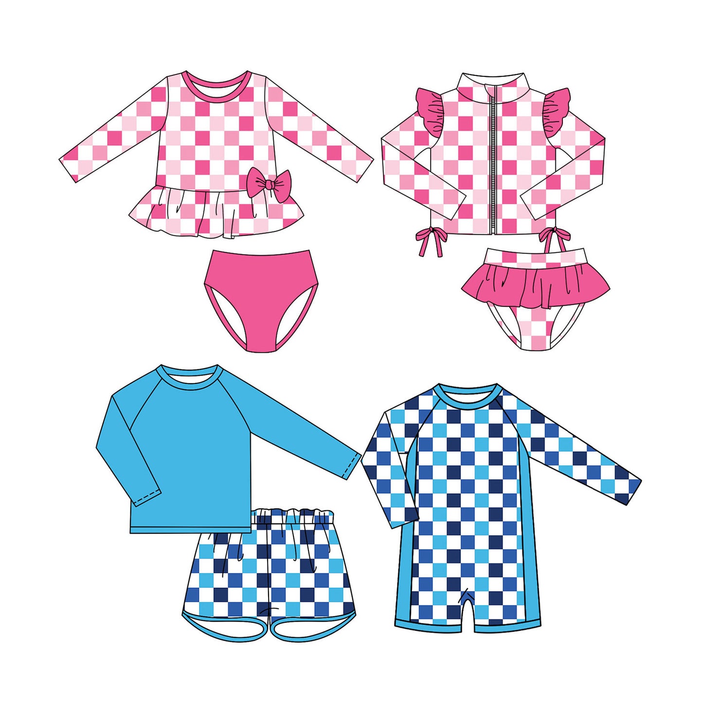 ( Moq 5 Each Style ) Baby Boys Girls Kids Long Sleeves Checked Sibling Jumpsuits Sets Swimsuits Clothes