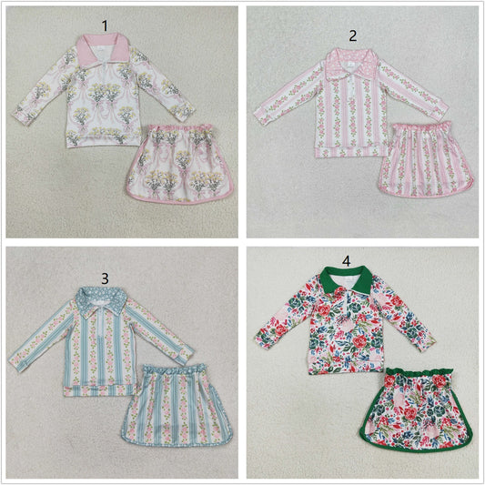 Girls Kids Flower Bows Zipper Shirt Skirt Shorts Skort Set Sibling Clothes RTS