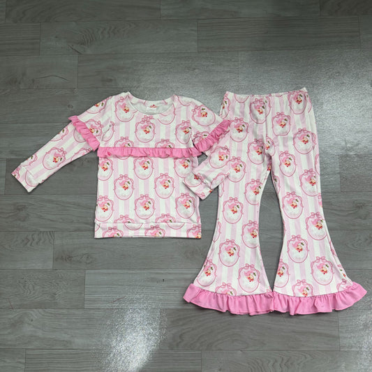 ( No moq ) Preorder Baby Girls Kids Christmas Santa Bows Ruffle Shirt Bell Pants Pink Set Clothes