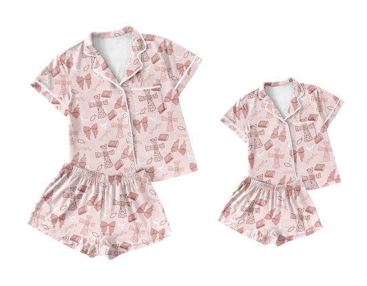 Baby Girl Toddler Adult Women Short Sleeves Bows Shorts Sibling Family Shorts Pajamas Set ( Moq 5 Each Style ) 12.6