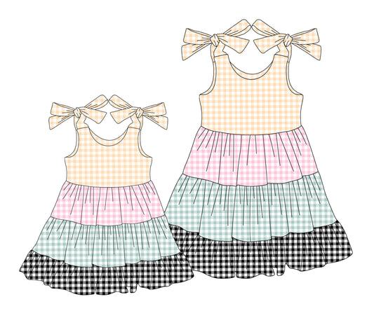 Baby Girl Adult Women Bows Straps Checked Sibling Dress ( Moq 5 Each Style ) 3.3