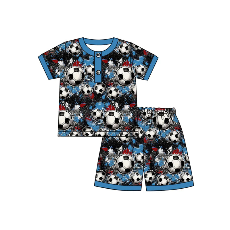 Baby Boy Blue Short Sleeves Footballs Button Top Short Pajamas Set ( Moq 5 )