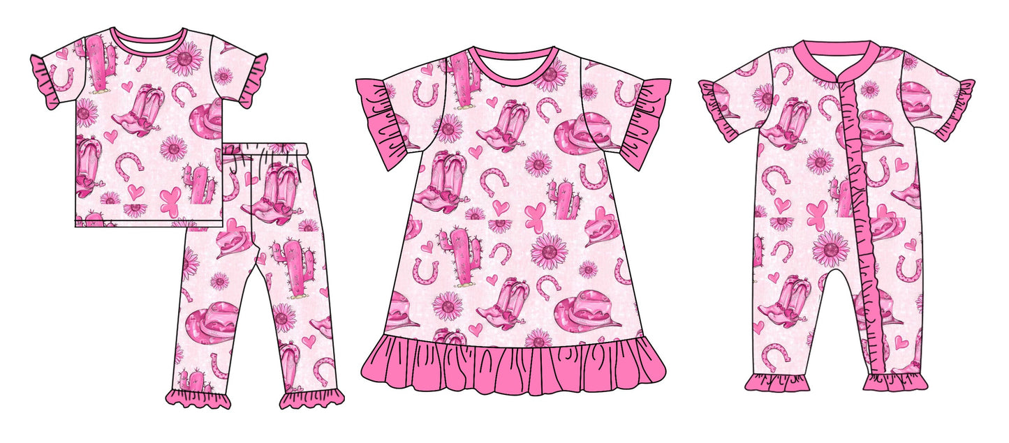 Baby Girl Short Sleeves Pink Boots Cactus Sibling Romper Dress Set ( Moq 5 Each Design ) 12.16