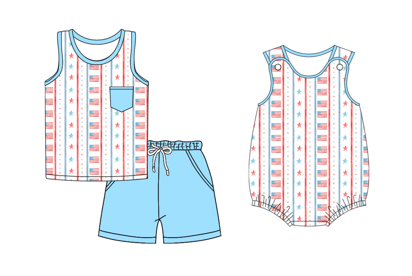 Baby Boy Sleeveless 4th Of July Flags Stars Sibling Romper Set ( Moq 5 Each Style ) 3.15