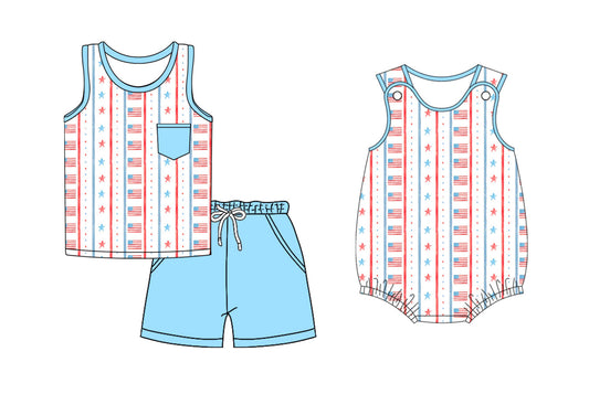 Baby Boy Sleeveless 4th Of July Flags Stars Sibling Romper Set ( Moq 5 Each Style ) 3.15