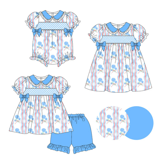 Baby Girl Flower Blue Bows Sibling Romper Dress Set ( Moq 5 Each Style ) 3.14