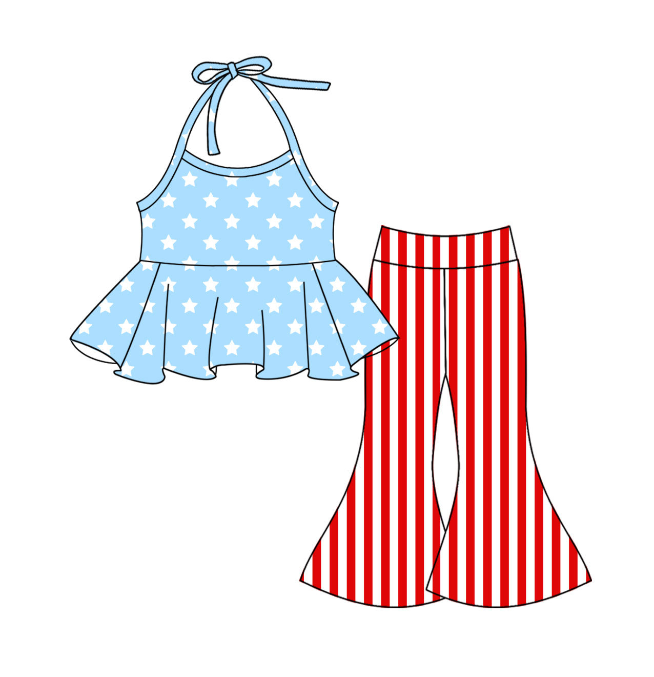 Baby Girl Stars Stripes July 4th Tops Bell Pants Set ( Moq 5 ) 12.31