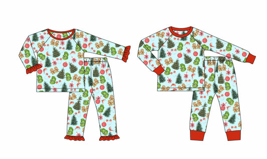 ( Moq 5 Each Style ) Baby Boy Girl Toddler Green Face Christmas Sibling Pajamas Set