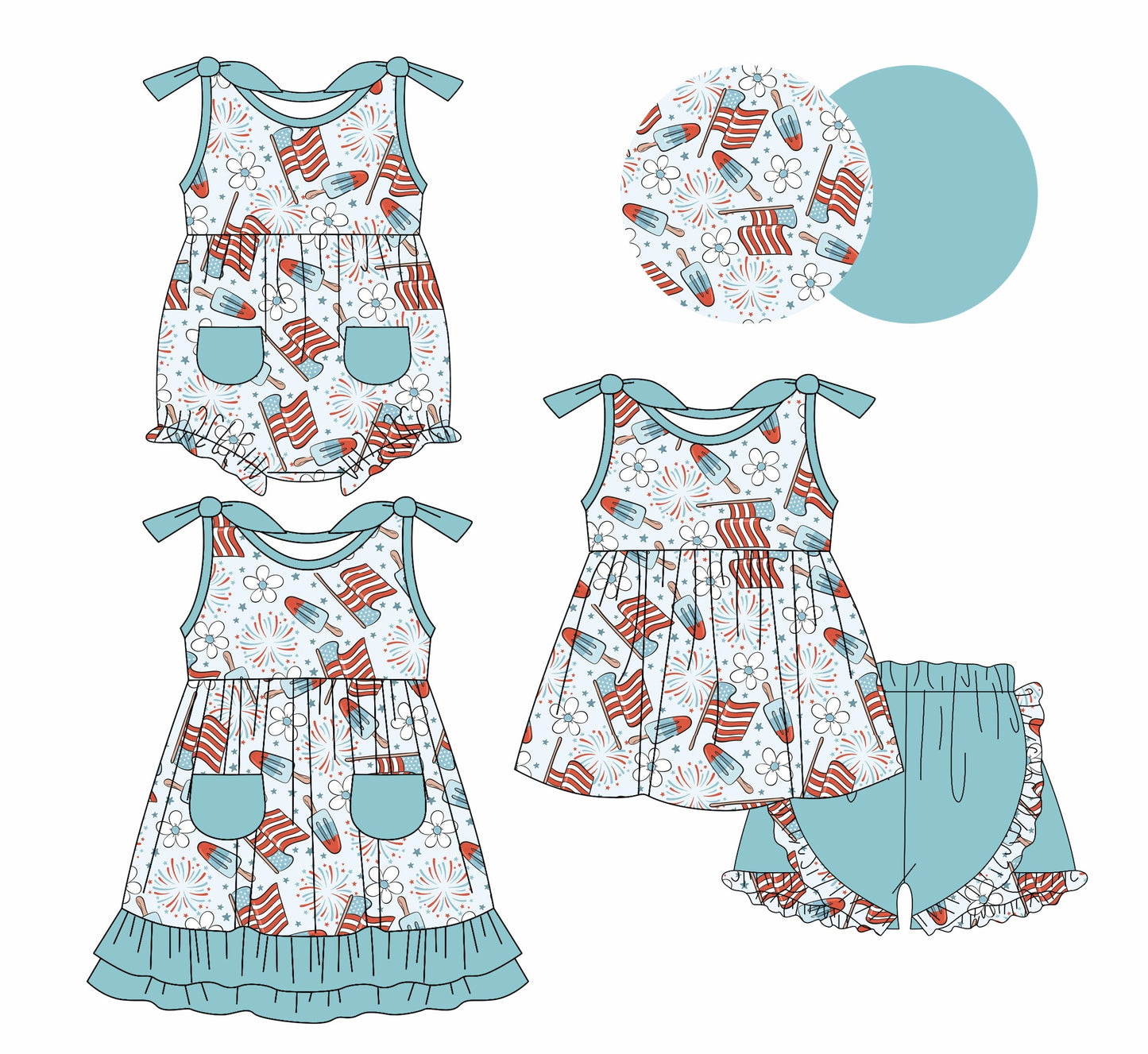 Baby Girl July 4th Popsicles Flags Flower Sibling Romper Dress Set ( Moq 5 Each Style ) 1.9