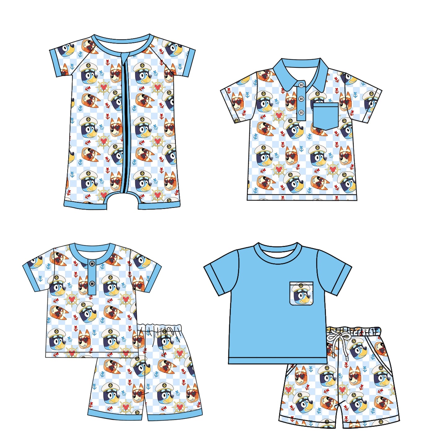 Baby Boy Short Sleeves Dogs Checked Blue Sibling Romper Shirt Set ( Moq 5 Each Style ) 2.21