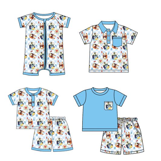 Baby Boy Short Sleeves Dogs Checked Blue Sibling Romper Shirt Set ( Moq 5 Each Style ) 2.21