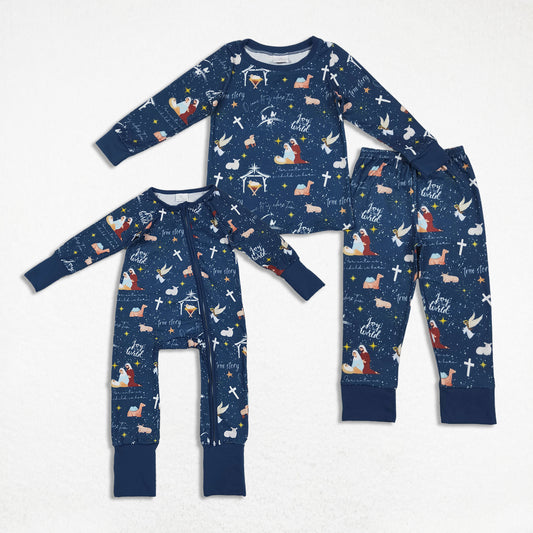 Sibling Boys Kids Long Sleeves Nativity Christmas Pajamas Footie Zipper Romper Set RTS