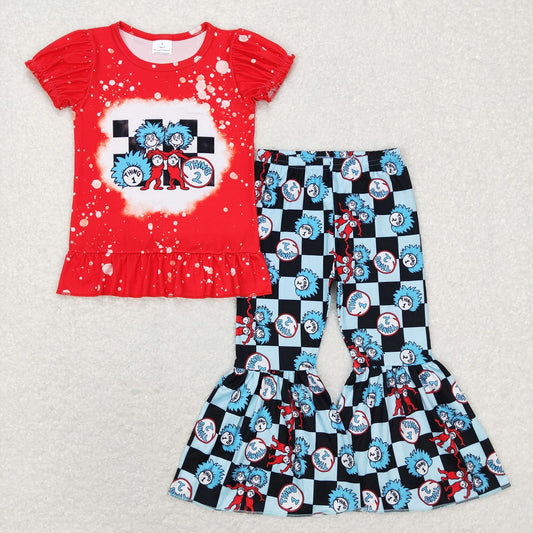 GSPO1084 Baby Girl Short Sleeves Shirt Checkered Bell Pants Dr Reading Set