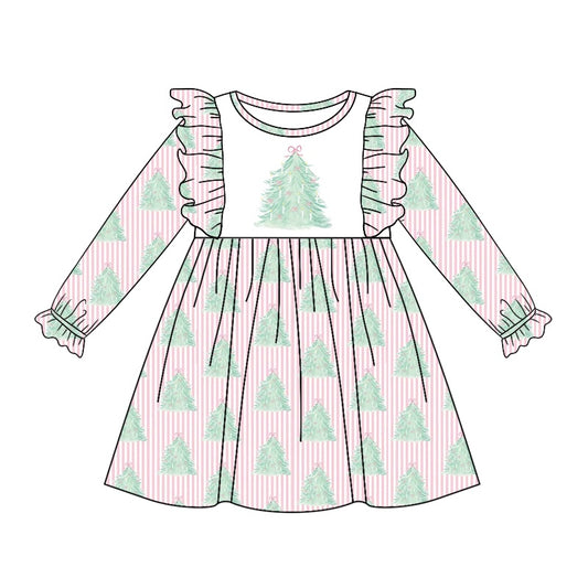 Baby Girl Long Sleeves Christmas Tree Pink Stripes Dress