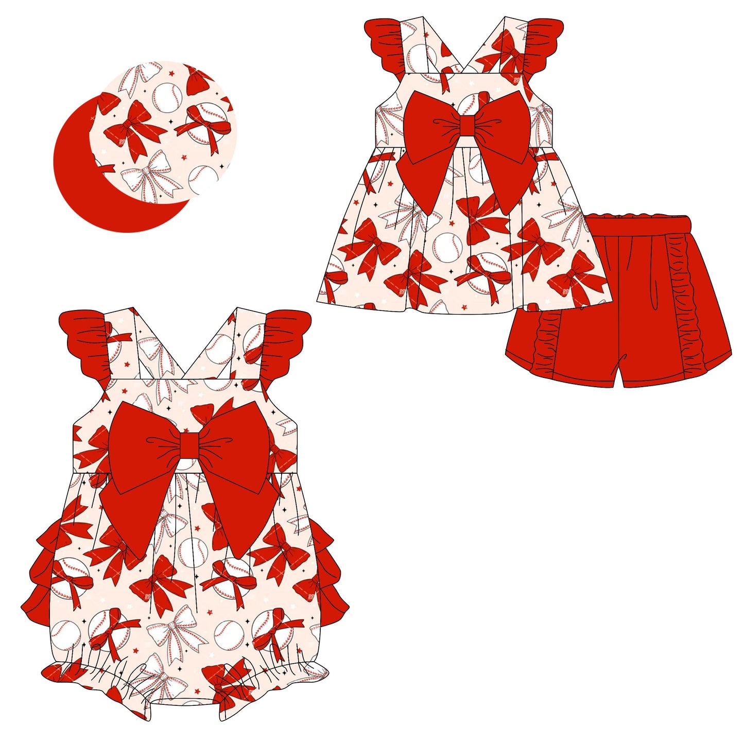 Baby Girl Baseball Red Bows Ruffle Sibling Romper Set ( Moq 5 Each Style ) 2.8