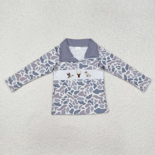 Baby Boy Long Sleeves Grey Camo Embroidery Duck Deer Dog Zipper Pullover Tops