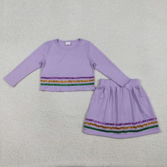 Baby Girls Purple Long Sleeves Stripes Shirt Skirt Mardi Gras Clothes Set RTS