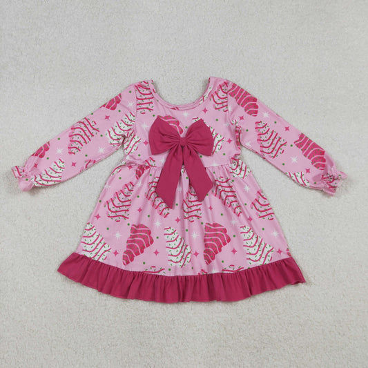 Baby Girl Long Sleeves Cakes Tree Christmas Pink Bow Ruffle Dress RTS