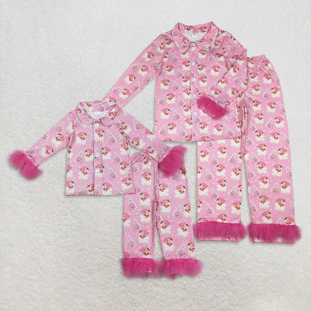 Sibling Girls Kids Adult Women Pink Fur Santa Tree Buttons Shirt Pants Pajamas Christmas Set RTS
