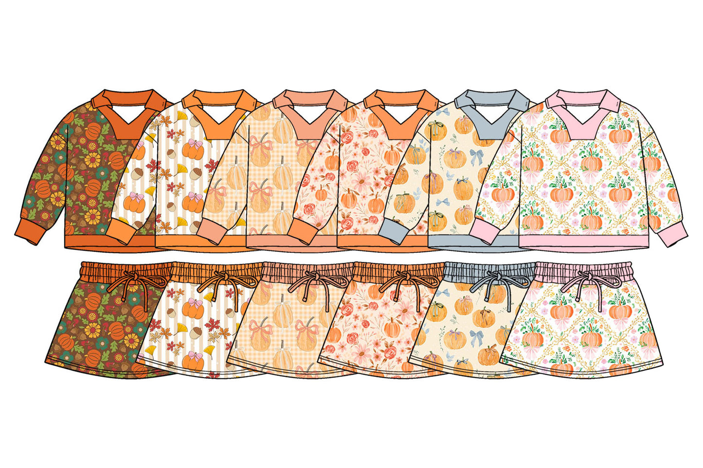 ( Moq 5 Each Style ) Sibling Baby Girls Kids Long Sleeves Pumpkins Shirts Skorts Sets Fall Clothes