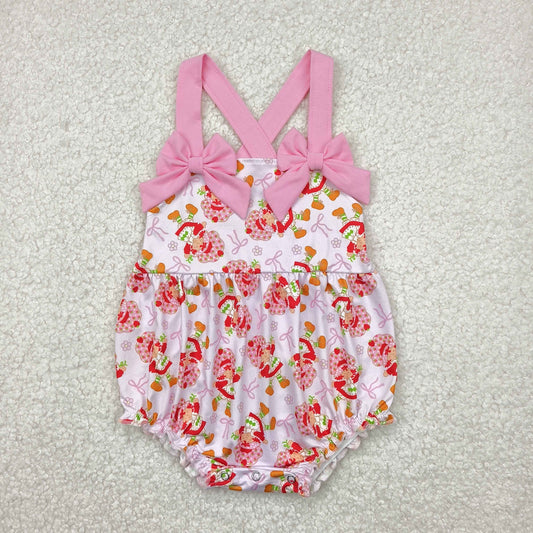 Baby Girl Infant Pink Bows Strap Bows Strawberry Ruffle Romper RTS