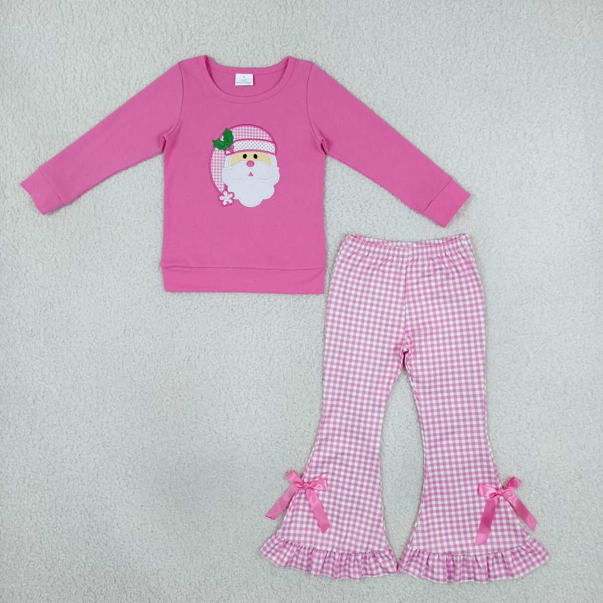 Baby Girls Kids Embroidery Christmas Santa Shirt Pink Plaid Bows Pants Set Clothes RTS