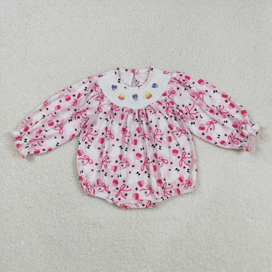 Baby Girl Long Sleeves Pink Bows Ghosts Embroidery Halloween Smocked Bubble Romper RTS