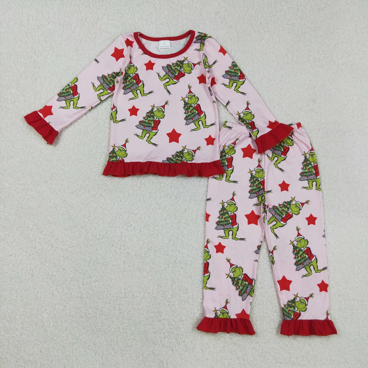 Girls Kids Long Sleeves Green Face Stars Sibling Christmas Zipper Footie Romper Pajamas Set RTS
