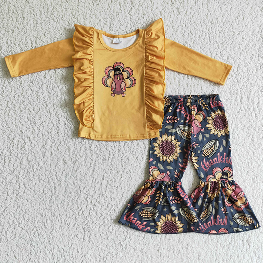 Promotion Baby Girl turkey Ruffle Tops Sunflower Pants Fall Outfit RTS