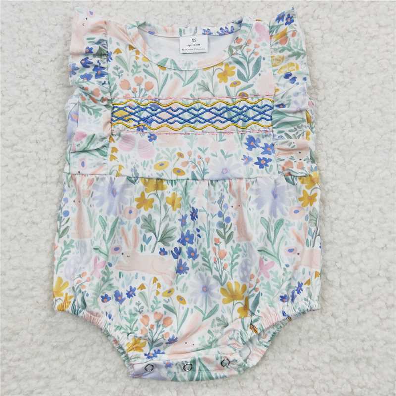 Baby Girl Short Sleeves Embroidery Flower Rabbits Sibling Easter Dress Romper RTS