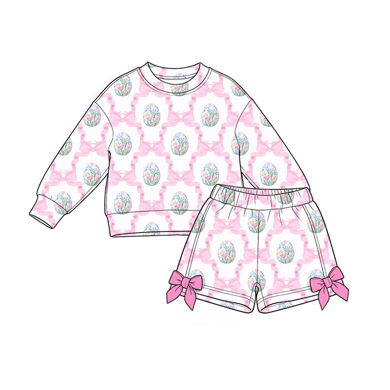( Moq 5 ) Preorder Baby Girls Kids Flower Eggs Pink Bows Shirt Shorts Set Easter Clothes