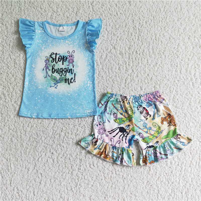Promotion Baby Boy Short Sleeves Blue Shirt Cartoon Shorts Set RTS