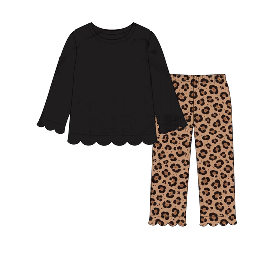 ( Moq 5 ) Preorder Baby Girls Kids Long Sleeves Black Shirt Leopard Pants Scallop Set Clothes